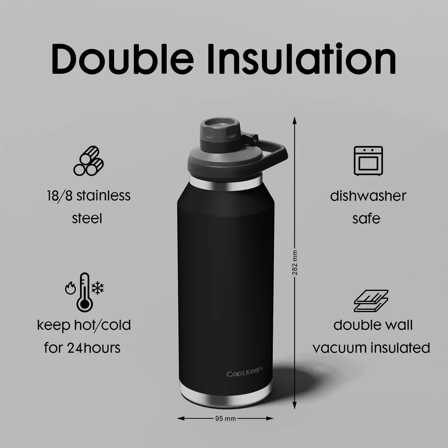 40 oz Insulated Water Bottle, Sports Stainless Steel Water Bottle with Handle Lid Outdoor Wide Mouth Metal Flask (Black)