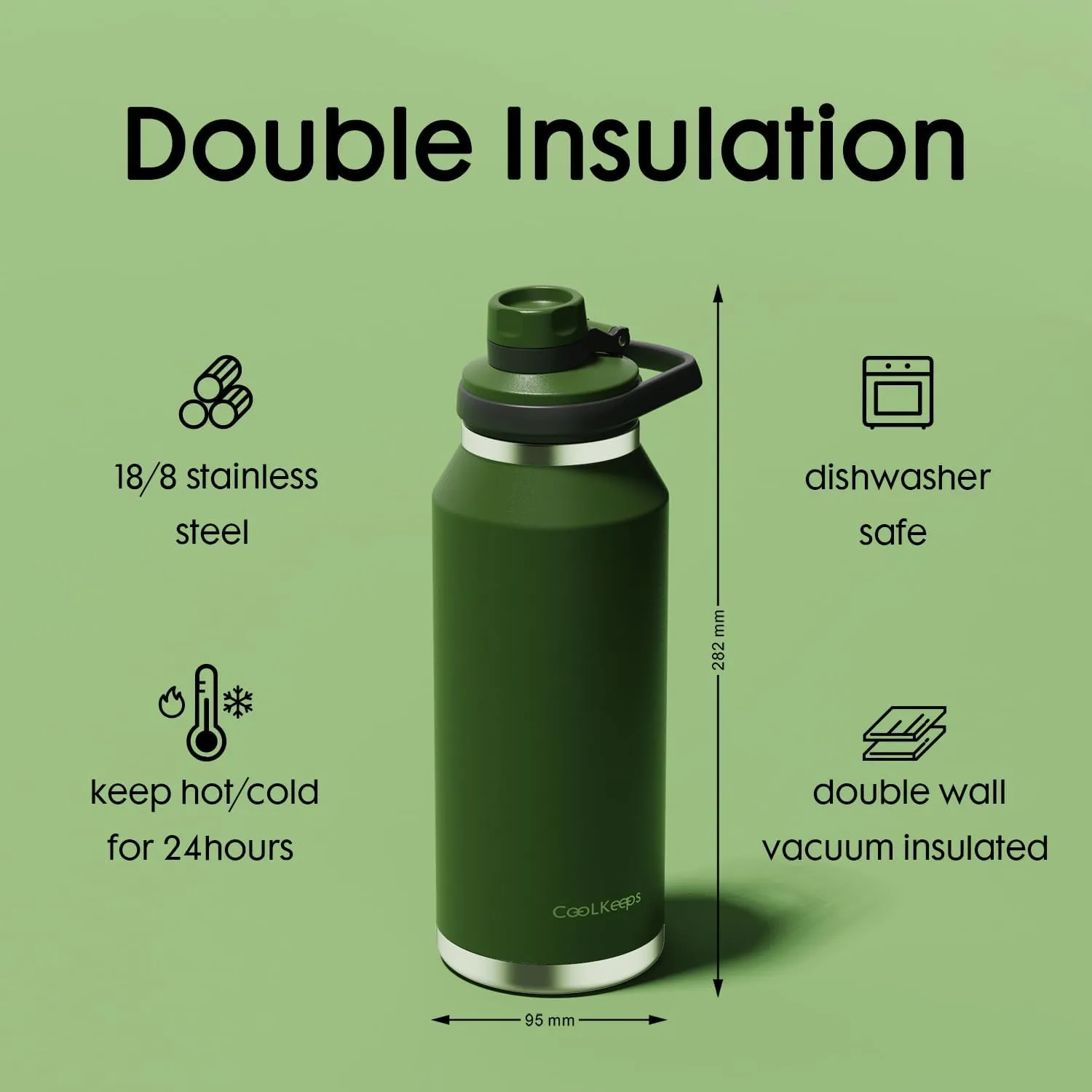 40 oz Insulated Water Bottle, Sports Stainless Steel Water Bottle with Handle Lid Outdoor Wide Mouth Metal Flask (Green)
