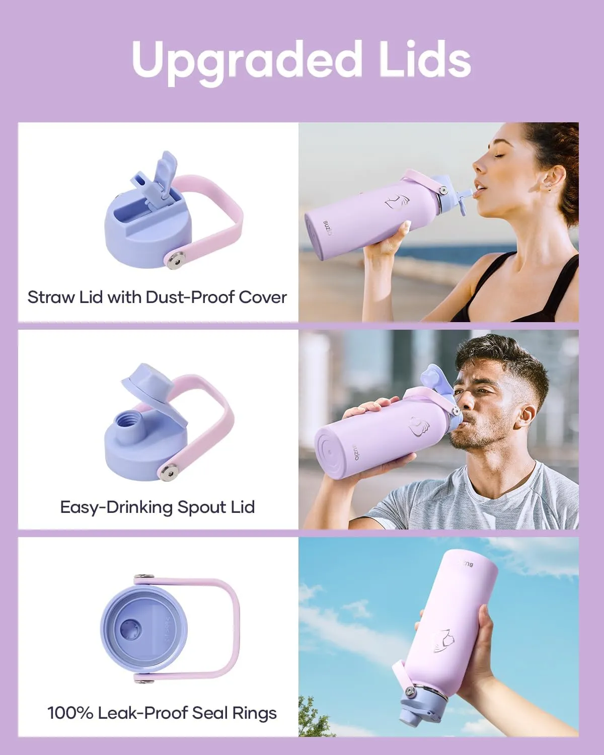 40 oz Insulated Water Bottle with Straw Lid, BUZIO Stainless Steel Water Flask Keep Cold 48h with Carrying Pouch, Lead-Free Double Wall Vacuum Thermo Tumbler Leak Proof Sport Metal Canteen, Purple
