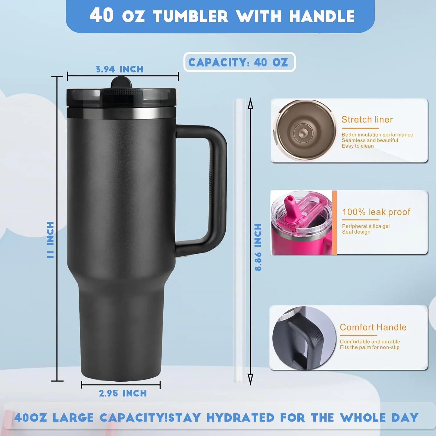 40 oz Tumbler with Handle Quenchers ProTour Detachable Flip Straw Lid Tumbler,Vacuum Insulated Tumblers with Top Leak Proof Lids and Flip Straw,Reusable Insulated Cup (Black, 40 oz)