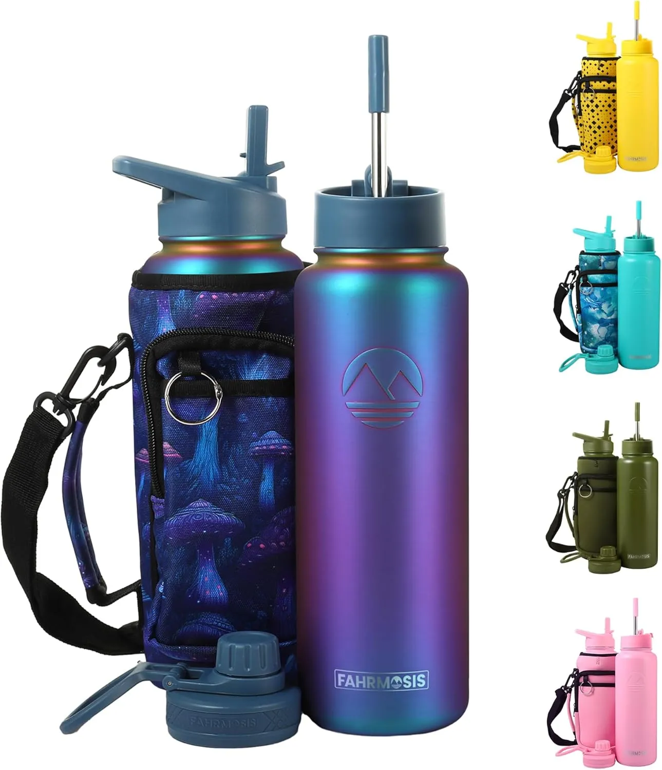 40 Oz Water Bottle with Strap Stainless Steel Sports Water Bottle with 3 Lids (Straw, Chug and Flip Lid) Insulated Leak Proof Metal Jug for Men & Women - Violet (Pattern)