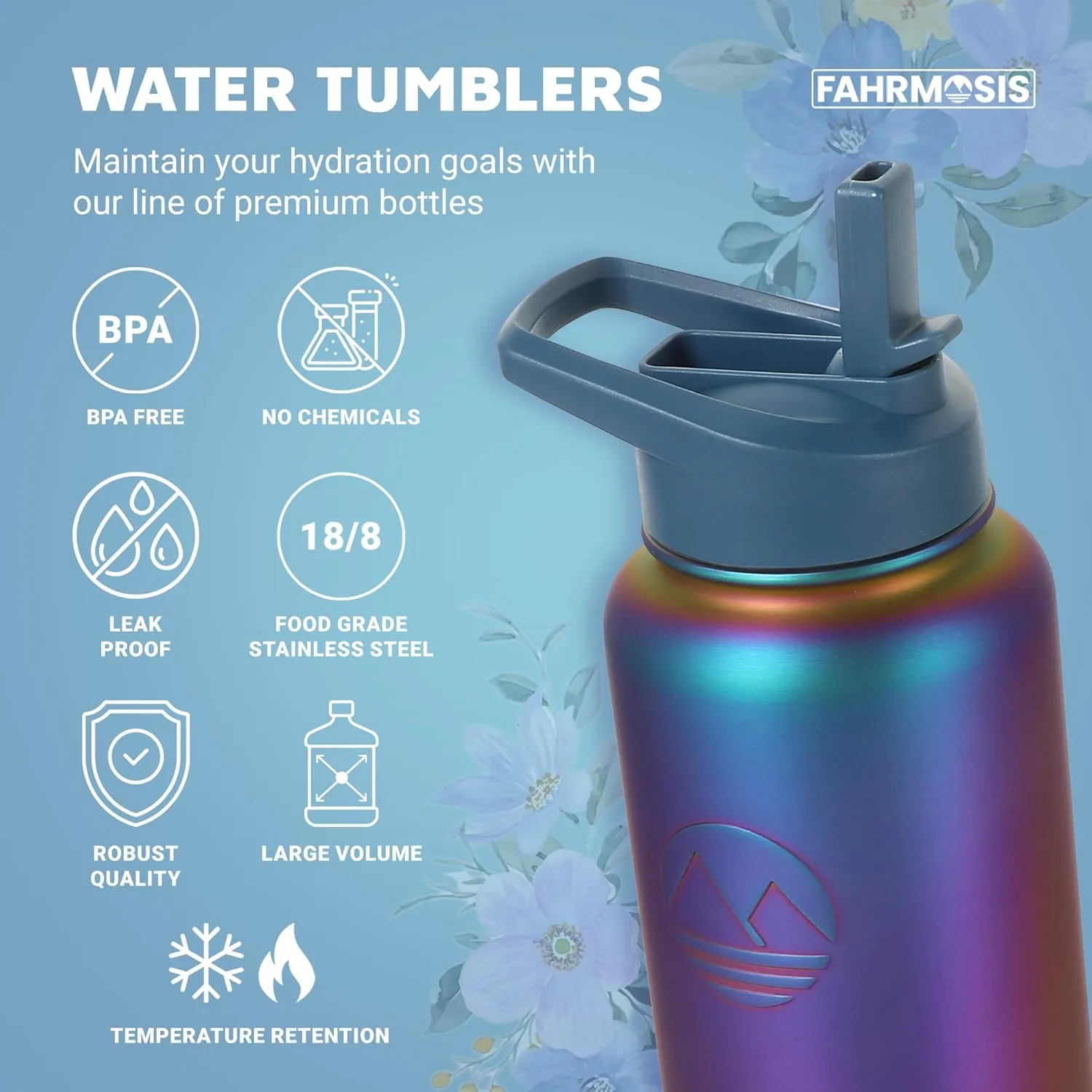 40 Oz Water Bottle with Strap Stainless Steel Sports Water Bottle with 3 Lids (Straw, Chug and Flip Lid) Insulated Leak Proof Metal Jug for Men & Women - Violet (Pattern)
