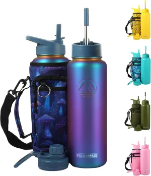 40 Oz Water Bottle with Strap Stainless Steel Sports Water Bottle with 3 Lids (Straw, Chug and Flip Lid) Insulated Leak Proof Metal Jug for Men & Women - Violet (Pattern)