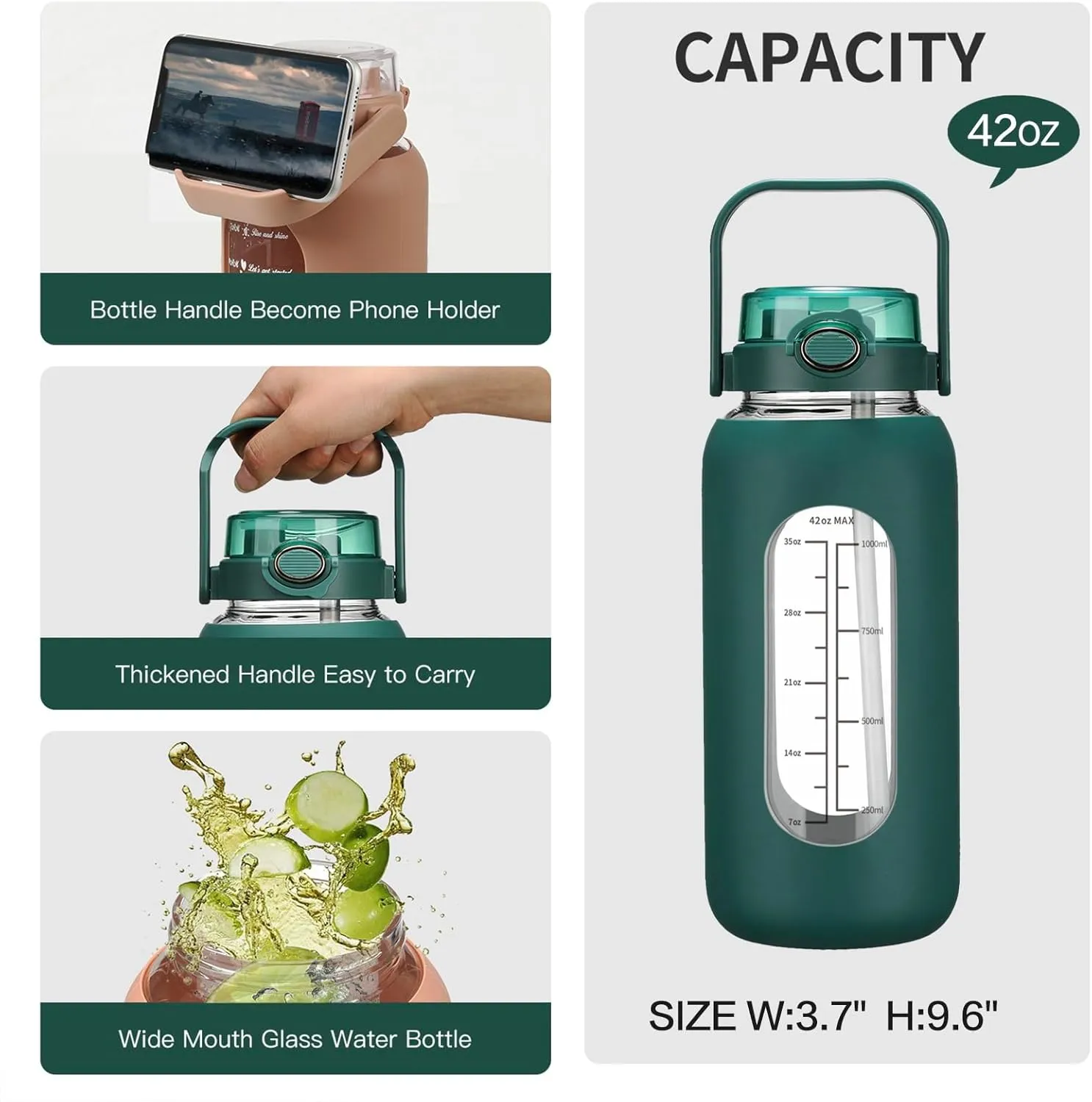 42oz/52oz/64oz Glass Water Bolttles with Straw Half Gallon Large Motivational Water Bottle with Time Marker Sports Water Bottles with Silicone Sleeve and Handle Lid Water Jug for Gym Workout
