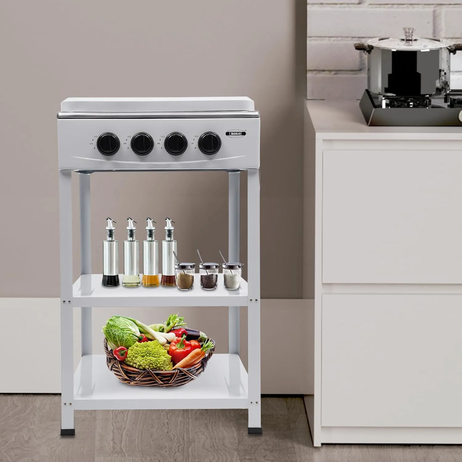 4/5 Burners Gas Stove 300000 BTU Portable Cooker BBQ Gas Grill with Windshelter & Folding Legs Propane Stove Cooker with 2 Tier Storage Rack for Outdoor Cooking, Camping (White, 4 Burners)