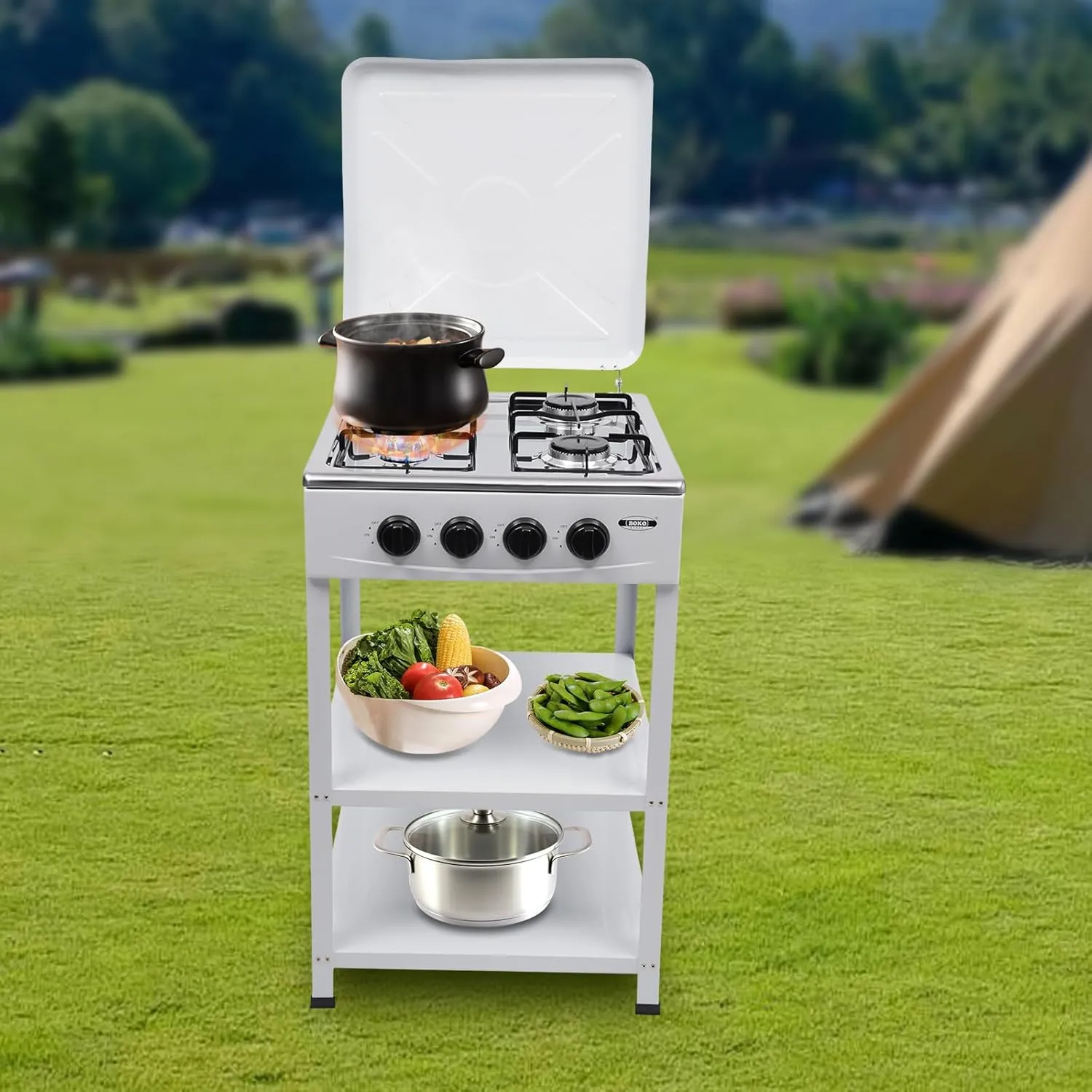 4/5 Burners Gas Stove 300000 BTU Portable Cooker BBQ Gas Grill with Windshelter & Folding Legs Propane Stove Cooker with 2 Tier Storage Rack for Outdoor Cooking, Camping (White, 4 Burners)