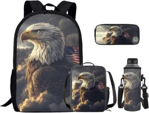4PCS Backpack Set for Boys Bald Eagle School Bags with Lunch Box Water Bottle Holder and Zipper Pencil Case Lightweight Sturdy Bookbags for Students Elementary or Middle School