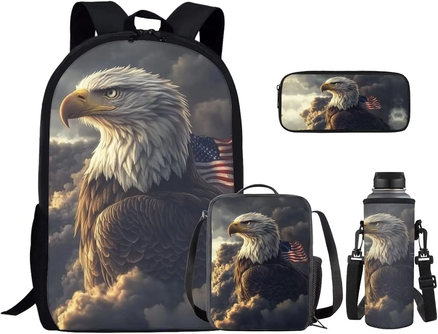 4PCS Backpack Set for Boys Bald Eagle School Bags with Lunch Box Water Bottle Holder and Zipper Pencil Case Lightweight Sturdy Bookbags for Students Elementary or Middle School