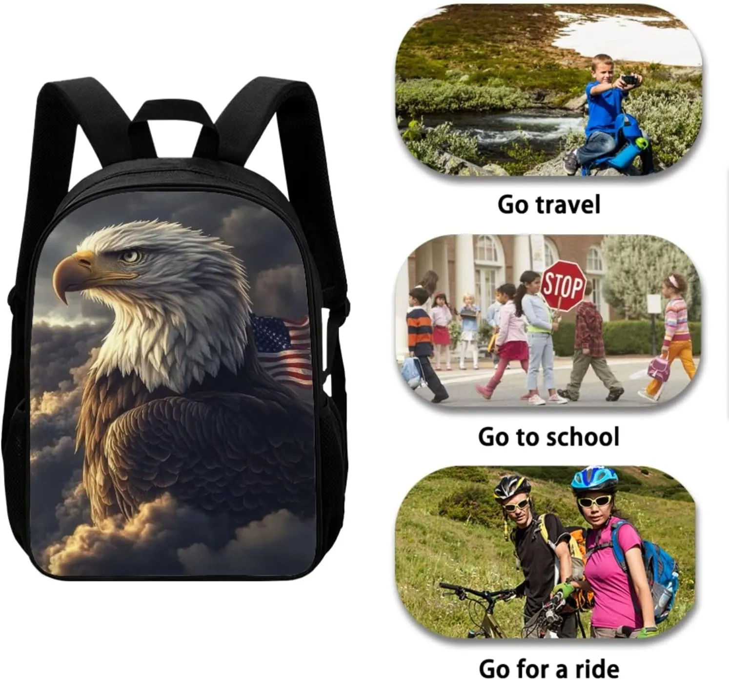4PCS Backpack Set for Boys Bald Eagle School Bags with Lunch Box Water Bottle Holder and Zipper Pencil Case Lightweight Sturdy Bookbags for Students Elementary or Middle School