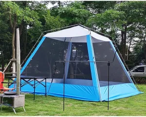 5-8 Person Camping Tent Pop Up Tent with Zipped Double Door and Carrying Bag Instant Family Tent for Outdoor Camping, Fishing, BBQ (Green 305x305x210cm) (Blue 305x305x210cm)