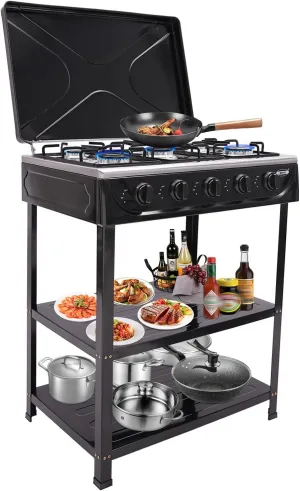 5 Burner Gas Stove, Portable Outdoor Stove with Support Leg Stand and Wind Blocking Cover Heavy Duty Camping Freestanding Stove for Backyard Cooking Camping (Black)