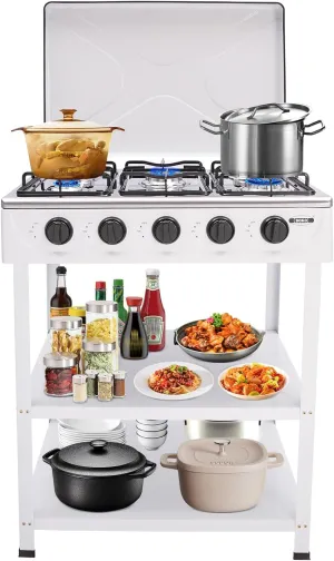 5 Burner Gas Stove Portable Outdoor with Removable Storage Stand, Freestanding Auto Ignition Camping Stove with Wind Blocking & Support Leg, Kitchen Cooking Stove Set for Picnic Home RV (White)