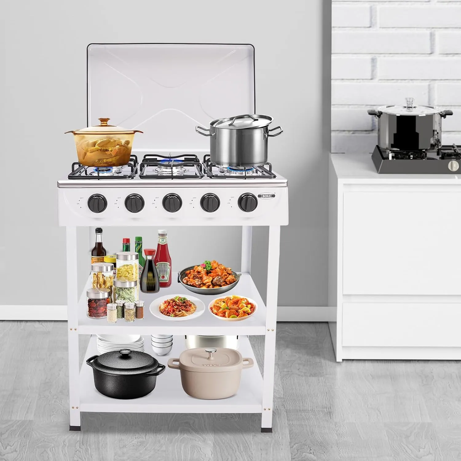 5 Burner Gas Stove Portable Outdoor with Removable Storage Stand, Freestanding Auto Ignition Camping Stove with Wind Blocking & Support Leg, Kitchen Cooking Stove Set for Picnic Home RV (White)
