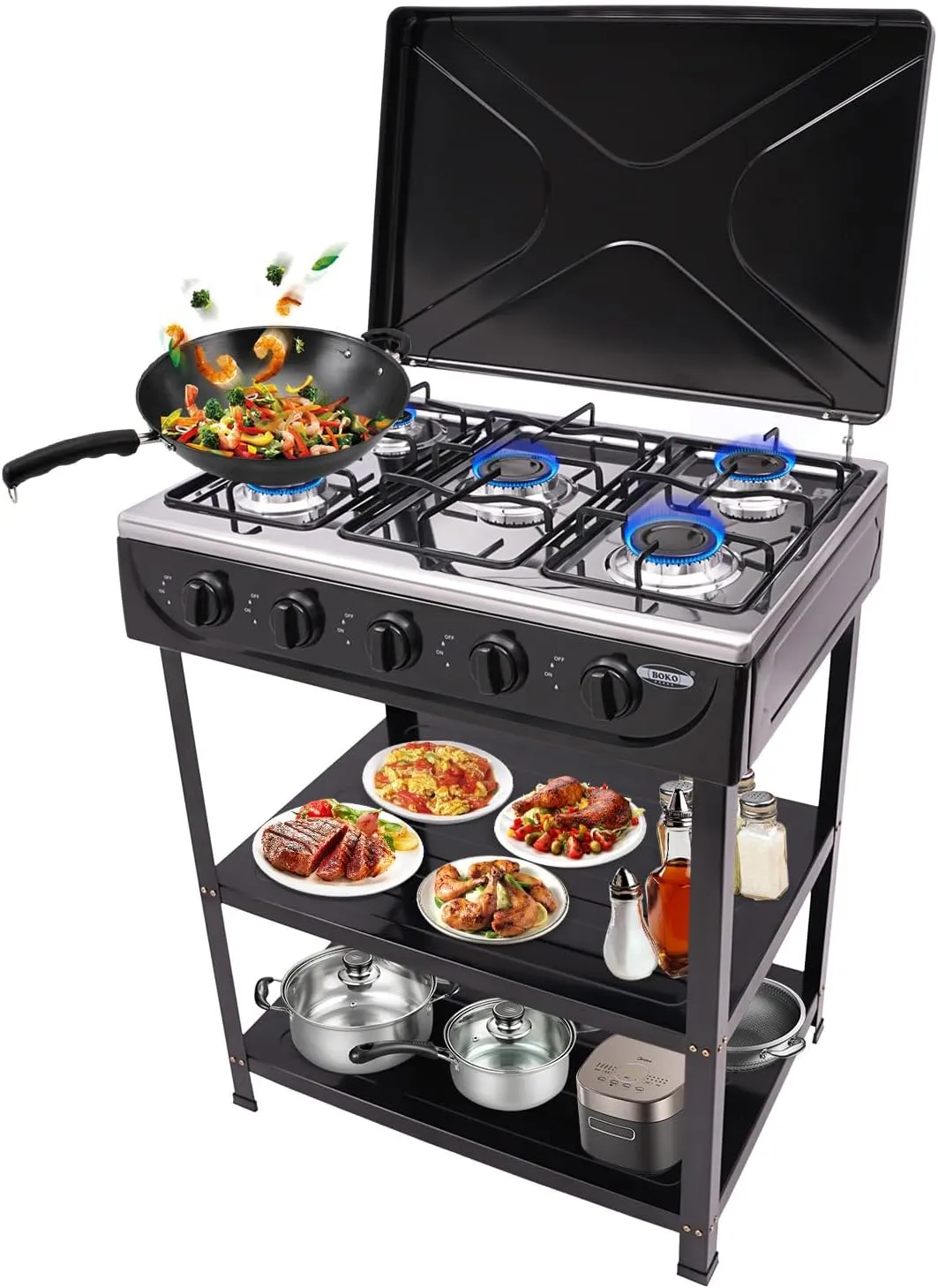 5-Burner Natural Gas Stove Outdoor, Outdoor Portable Propane Stove Gas Cooker, 12.5KW High-Power Camping Stove with Windproof Cover &Detachable Stand Legs, Backyard BBQ, Family Trip, Outdoor Cooking
