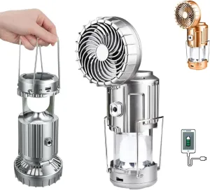5-in-1 Portable LED Camping Lantern with Fan, Solar/USB Rechargeable, Light Power Outages & Phone Charger, Lightweight ABS for Tent, Hiking, Emergency Survival Gear Essentials(Silver)