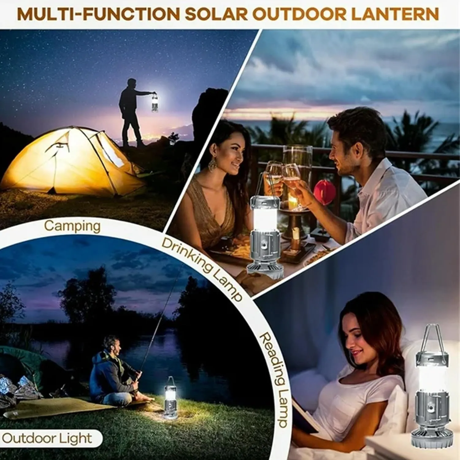 5-in-1 Portable LED Camping Lantern with Fan, Solar/USB Rechargeable, Light Power Outages & Phone Charger, Lightweight ABS for Tent, Hiking, Emergency Survival Gear Essentials(Silver)