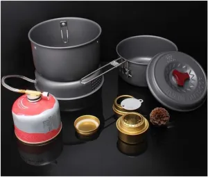 5 PCS Outdoor Camping Cooking Set Portable Cookware Cookout Utensil Gas Stove Set Windproof Boiler Cradle Pots for 1-2 Person Pan Set with for Outdoor Camping Hiking Picnic