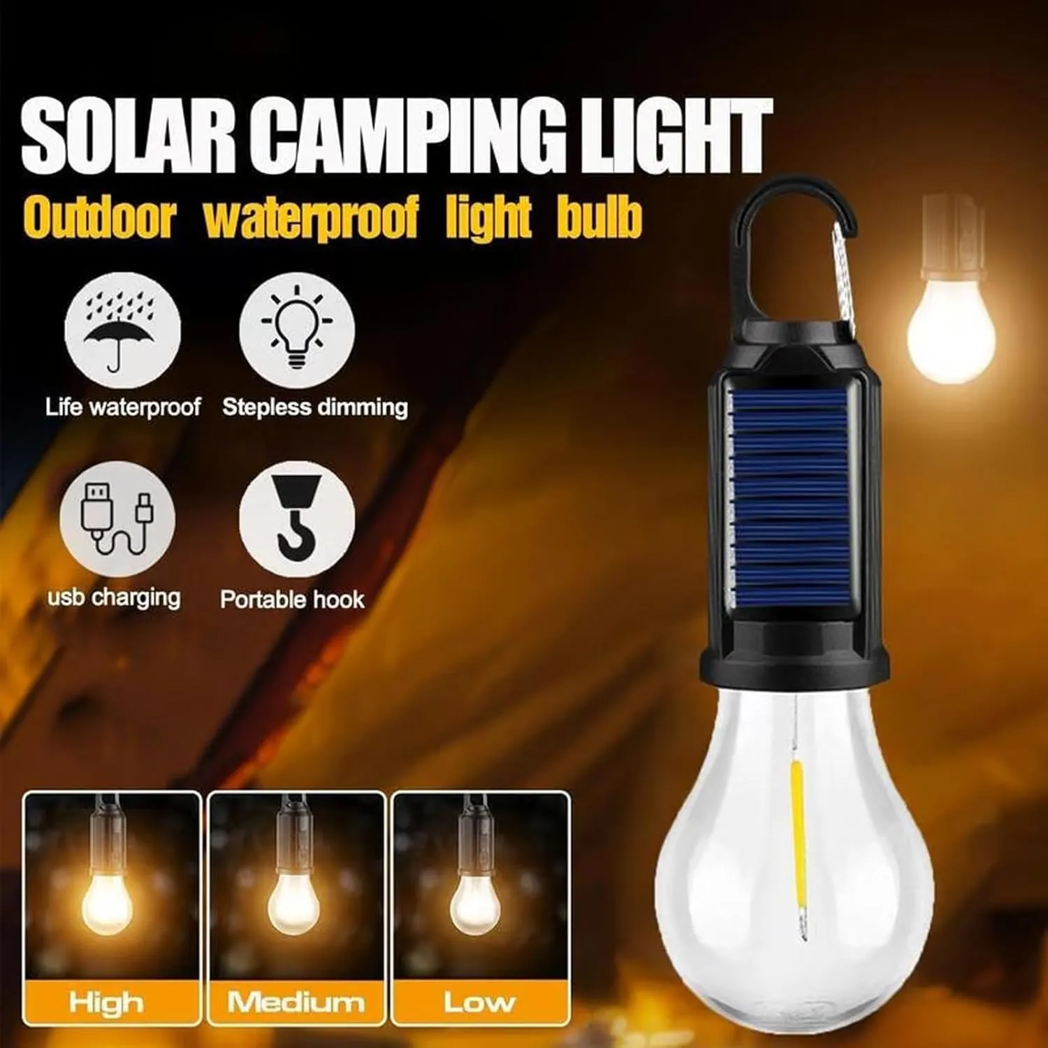 5 Pcs Solar Rechargeable Hooked Camping Light & 5 Lights Waterproof LED Camping Lantern with 3 Modes USB/Solar Charging for Hiking, Fishing & Emergency Use (Indoor/Outdoor) (A, Without Gifts)