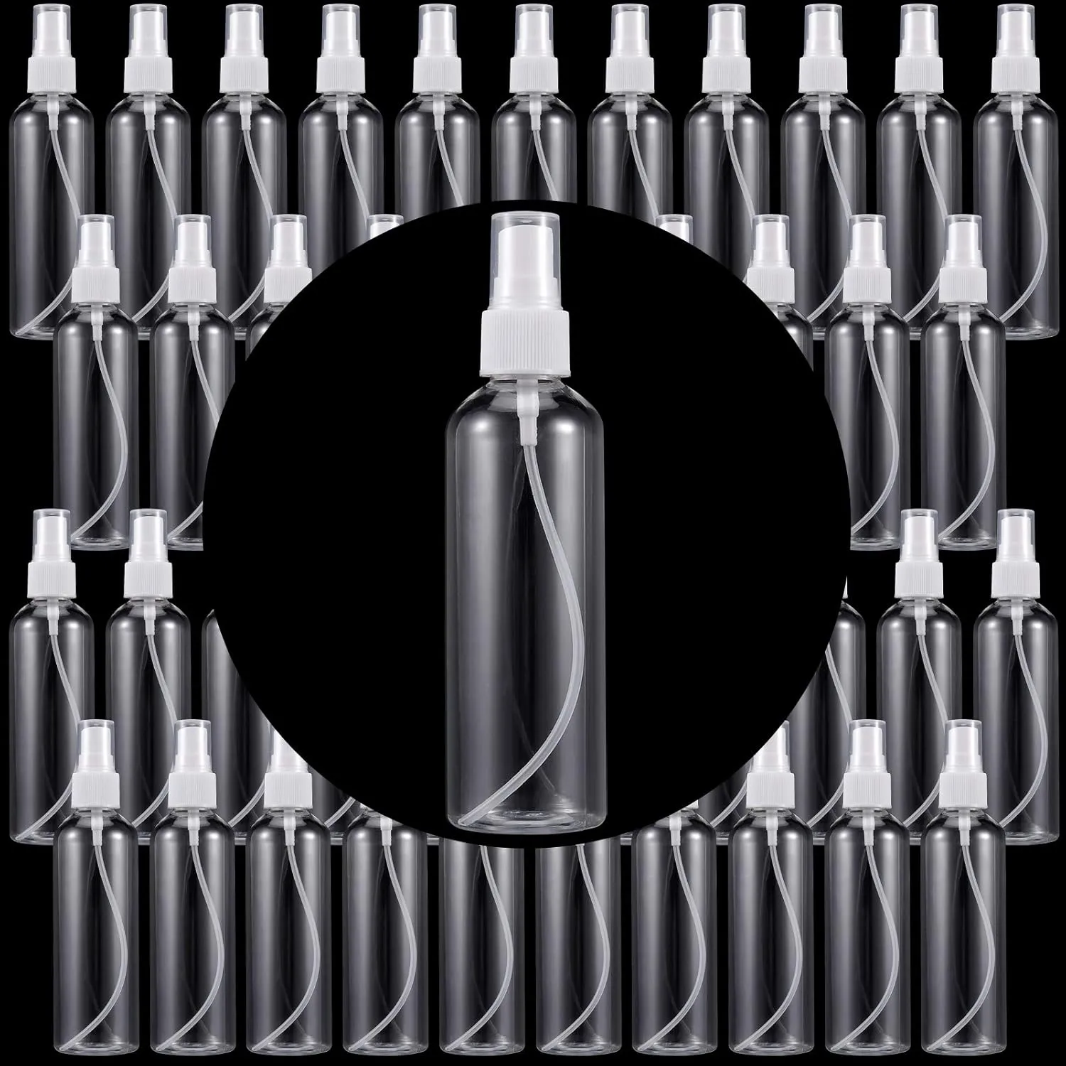 50 Pack Plastic Spray Bottles, Clear with Fine Mist and Refillable - 4oz Capacious Bottles for Essential Oils, Facial, Hair and Perfume Spray