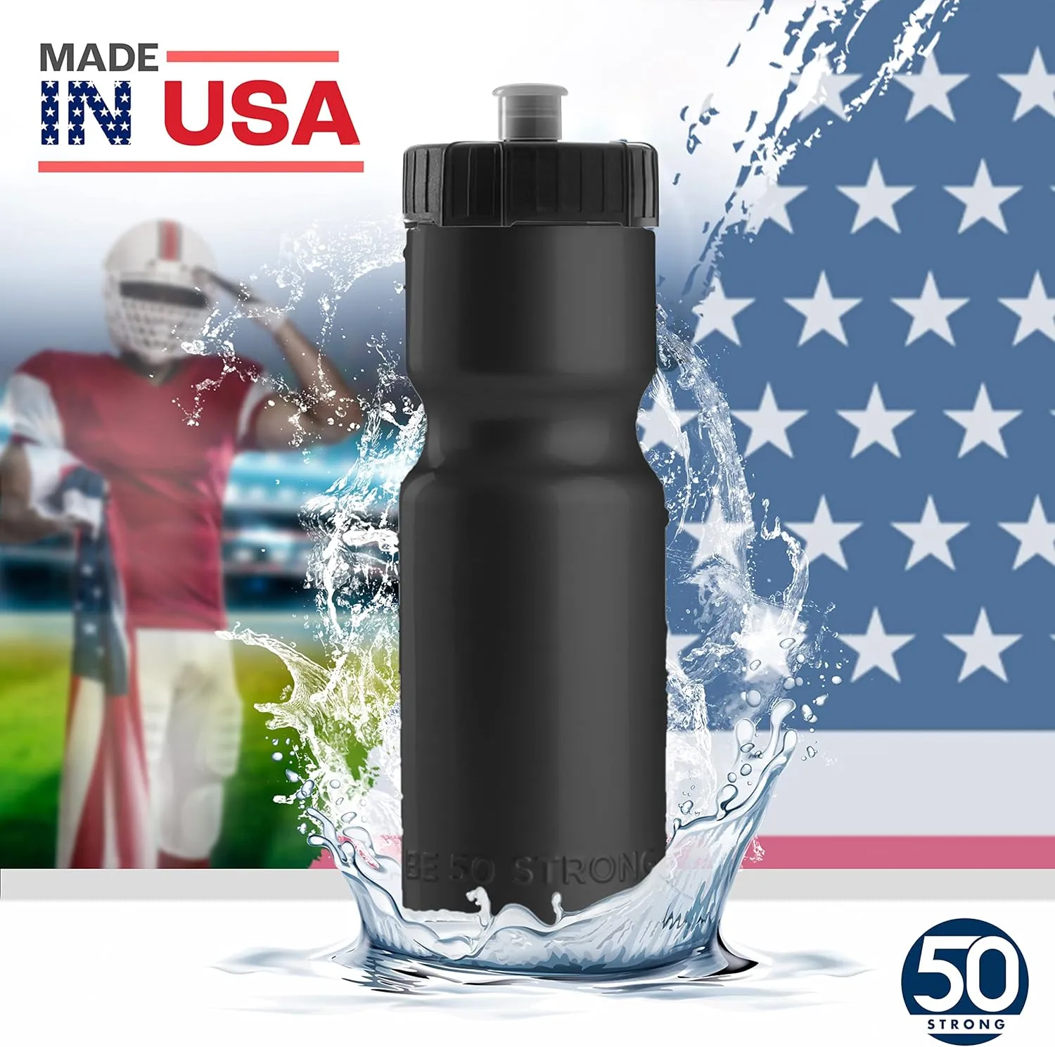 50 Strong Bulk Water Bottles | 24 Pack Sports Bottle | 22 oz. BPA-Free Easy Open with Pull Top Cap | Made in USA | Reusable Plastic Water Bottles for Adults & Kids | Top Rack Dishwasher Safe