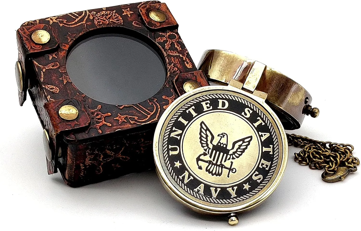 5MoonSun5's US Navy Engraved Brass Military Compass Nautical Marine Gift A Perfect and Unique Gift for Army Person Survival Navigation Compass for Hiking Camping Hunting with Leather Display Case