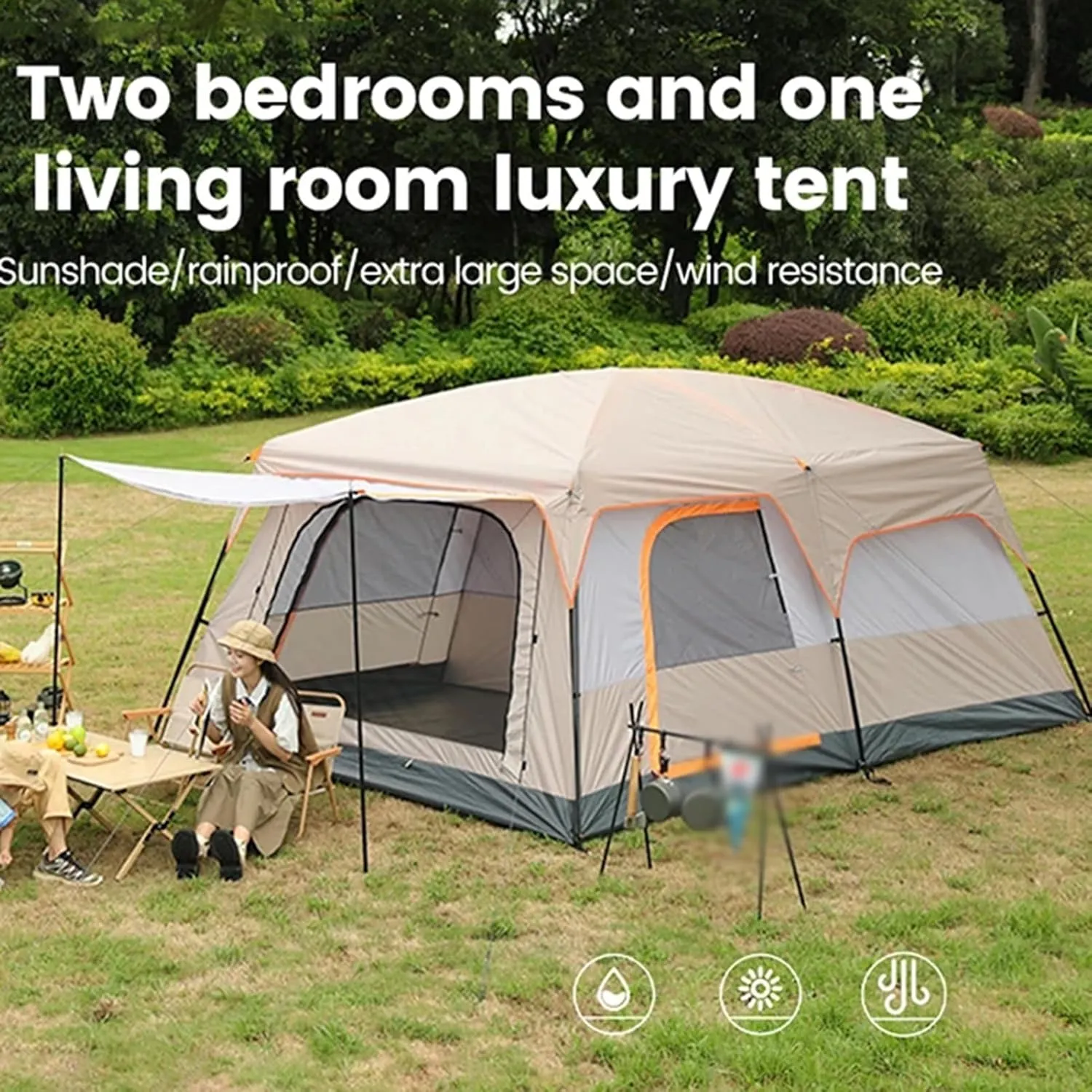6/12 Person Camping Tent with Porch,Large Family Cabin Tents with 2 Rooms,Double Layer Outdoor Instant Tent with Rainfly for Party,Hunting,Hiking