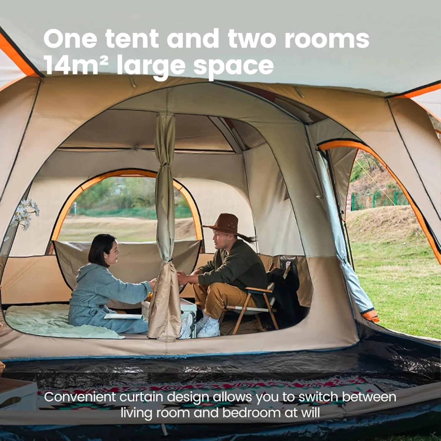 6/12 Person Camping Tent with Porch,Large Family Cabin Tents with 2 Rooms,Double Layer Outdoor Instant Tent with Rainfly for Party,Hunting,Hiking