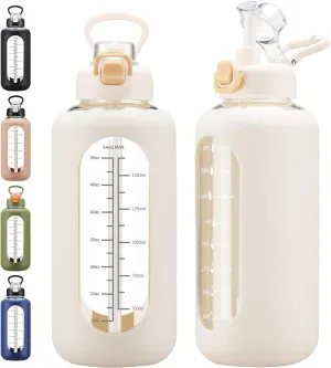 64 oz Glass Water Bolttles with Straw Half Gallon Large Motivational Water Bottle with Time Marker Sports Water Bottles with Silicone Sleeve and Handle Lid Water Jug for Gym Workout