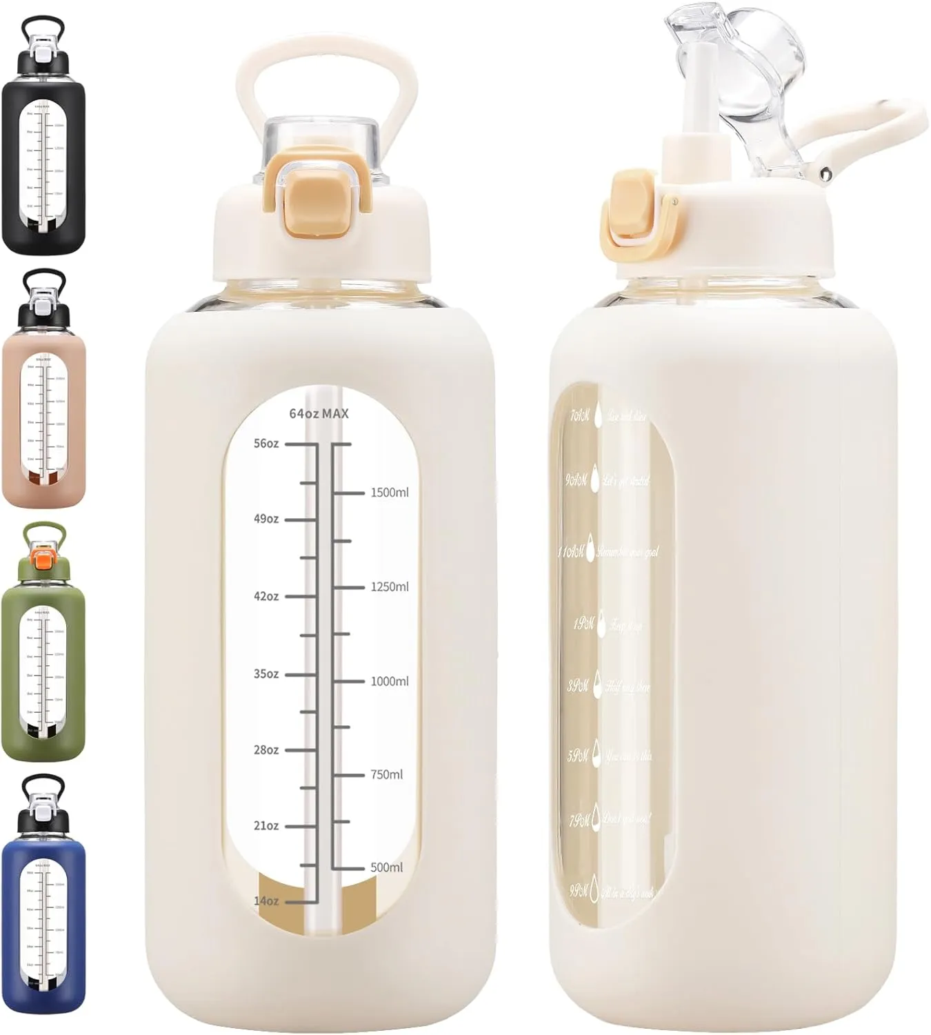 64 oz Glass Water Bolttles with Straw Half Gallon Large Motivational Water Bottle with Time Marker Sports Water Bottles with Silicone Sleeve and Handle Lid Water Jug for Gym Workout