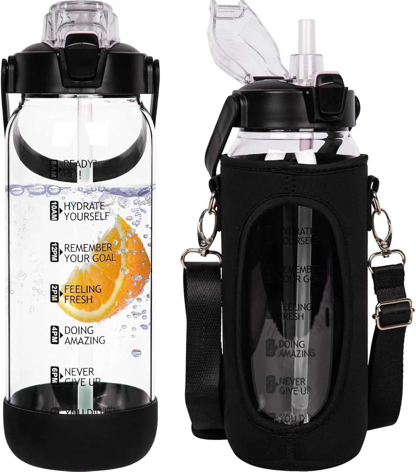 64 oz Glass Water Bottle with Straw and Time Marker, Half Gallon Large Motivational Borosilicate Glass Drinking Bottle with Silicone Boot and Sleeve