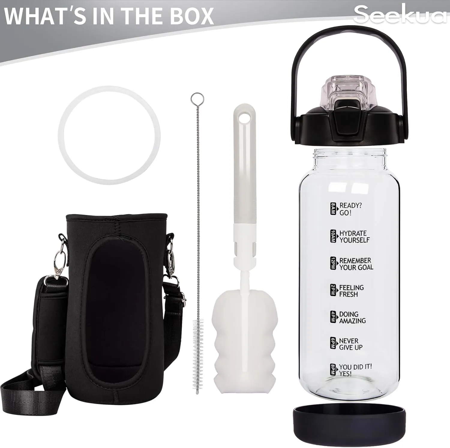 64 oz Glass Water Bottle with Straw and Time Marker, Half Gallon Large Motivational Borosilicate Glass Drinking Bottle with Silicone Boot and Sleeve