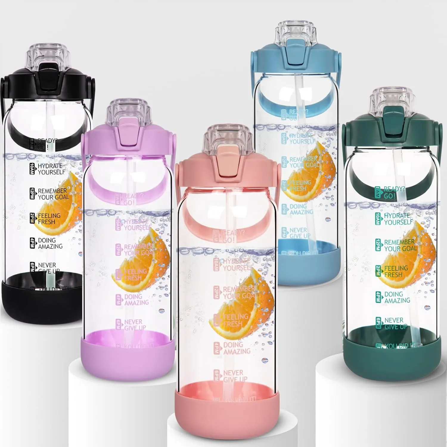 64 oz Glass Water Bottle with Straw and Time Marker, Half Gallon Large Motivational Borosilicate Glass Drinking Bottle with Silicone Boot and Sleeve