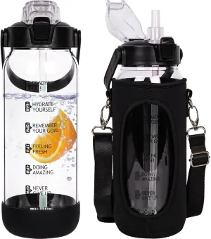 64 oz Glass Water Bottle with Straw and Time Marker, Half Gallon Large Motivational Borosilicate Glass Drinking Bottle with Silicone Boot and Sleeve