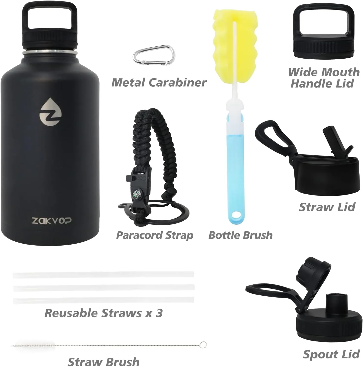64 oz Insulated Water Bottle with Straws&3 Lids, Half Gallon Water Bottle Stainless Steel Double Walled, Big Water Jug with Paracord Handle, Large Metal Water Bottle for Gym