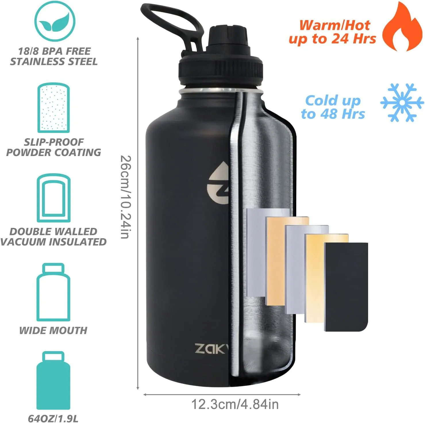 64 oz Insulated Water Bottle with Straws&3 Lids, Half Gallon Water Bottle Stainless Steel Double Walled, Big Water Jug with Paracord Handle, Large Metal Water Bottle for Gym