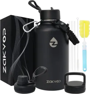 64 oz Insulated Water Bottle with Straws&3 Lids, Half Gallon Water Bottle Stainless Steel Double Walled, Big Water Jug with Paracord Handle, Large Metal Water Bottle for Gym