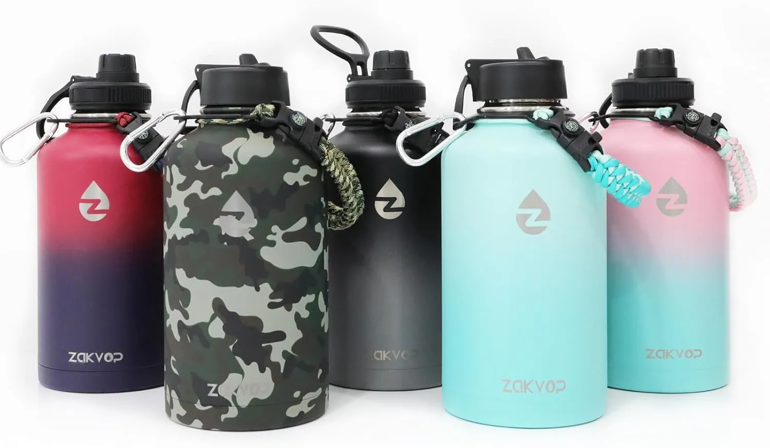 64 oz Insulated Water Bottle with Straws&3 Lids, ZAKVOP Half Gallon Water Bottle Stainless Steel Double Walled, Big Water Jug with Paracord Handle, Large Metal Water Bottle for Gym