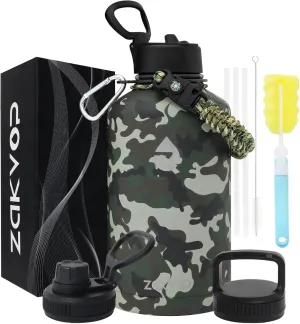 64 oz Insulated Water Bottle with Straws&3 Lids, ZAKVOP Half Gallon Water Bottle Stainless Steel Double Walled, Big Water Jug with Paracord Handle, Large Metal Water Bottle for Gym