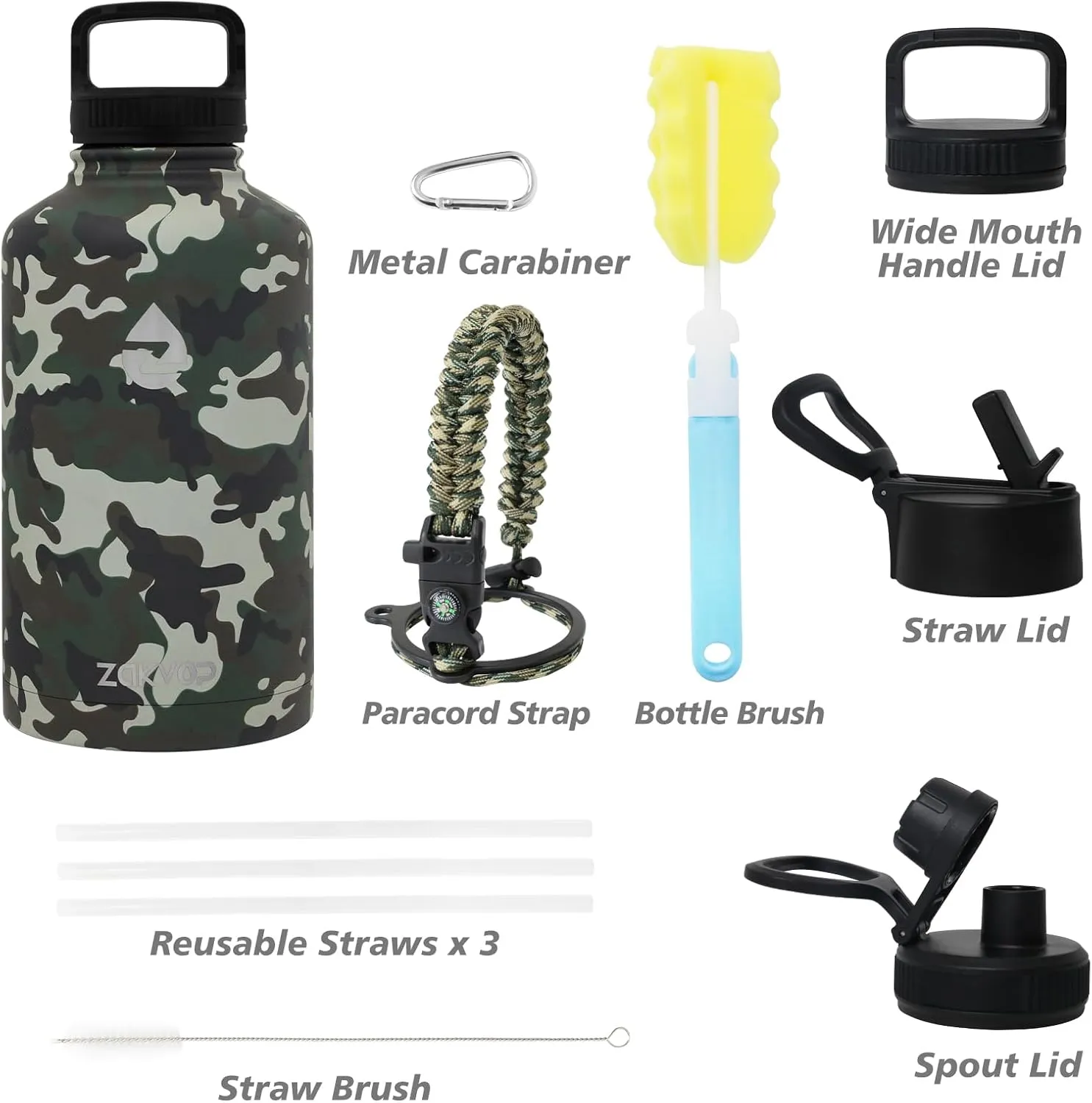 64 oz Insulated Water Bottle with Straws&3 Lids, ZAKVOP Half Gallon Water Bottle Stainless Steel Double Walled, Big Water Jug with Paracord Handle, Large Metal Water Bottle for Gym
