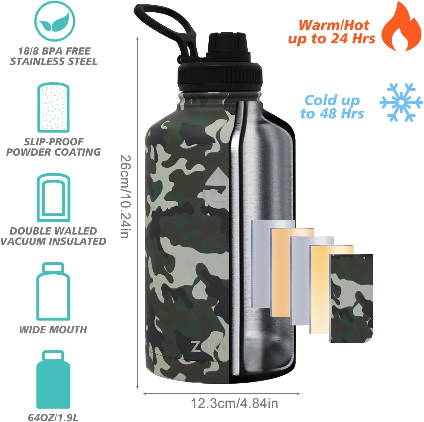 64 oz Insulated Water Bottle with Straws&3 Lids, ZAKVOP Half Gallon Water Bottle Stainless Steel Double Walled, Big Water Jug with Paracord Handle, Large Metal Water Bottle for Gym