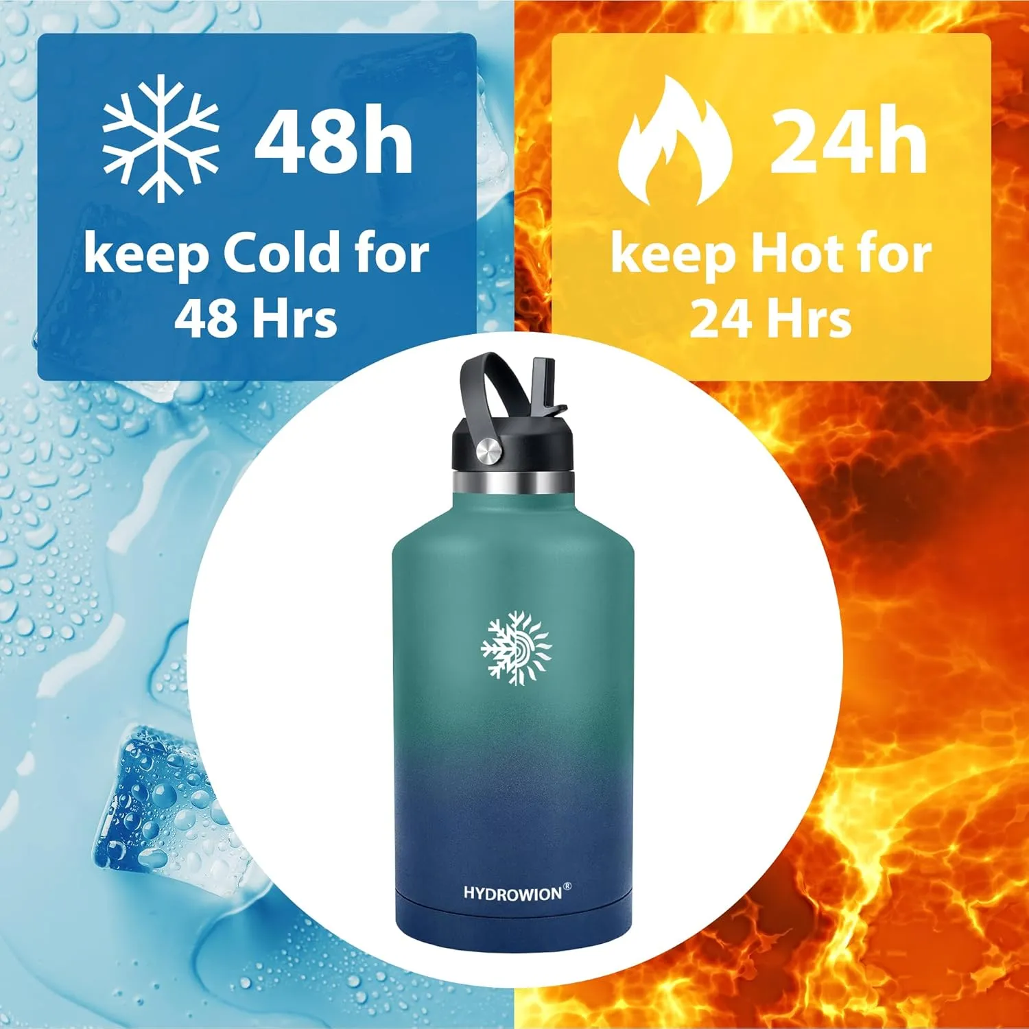 64 oz Water Bottle with 2 Lids, Half Gallon Double Wall Vacuum Insulated Stainless Steel Water Jug, Includes Carrying Pouch, Wide Mouth Metal Canteen for Gym, Sports, and Camping, Blue - Cobalt.