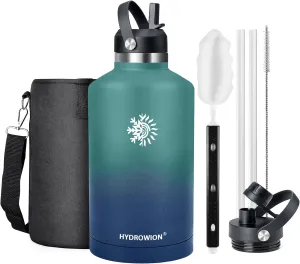 64 oz Water Bottle with 2 Lids, Half Gallon Double Wall Vacuum Insulated Stainless Steel Water Jug, Includes Carrying Pouch, Wide Mouth Metal Canteen for Gym, Sports, and Camping, Blue - Cobalt.