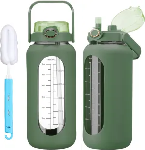 64oz Glass Water Bolttles with Straw Half Gallon Large Motivational Water Bottle with Time Marker Sports Water Bottles with Silicone Sleeve and Handle Lid Water Jug for Gym Workout