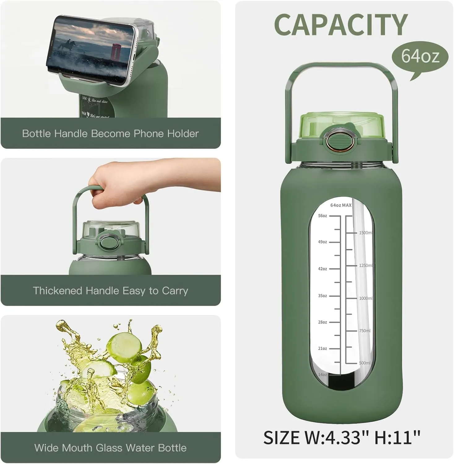 64oz Glass Water Bolttles with Straw Half Gallon Large Motivational Water Bottle with Time Marker Sports Water Bottles with Silicone Sleeve and Handle Lid Water Jug for Gym Workout