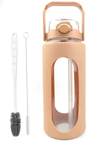 64oz Glass Water Bottle with Straw and Handle Lid Half Gallon Motivational Glass Bottle with Silicone Sleeve Large Leakproof Reusable Sports Water Jug for Gym Home Workout(Light Brown,64oz)