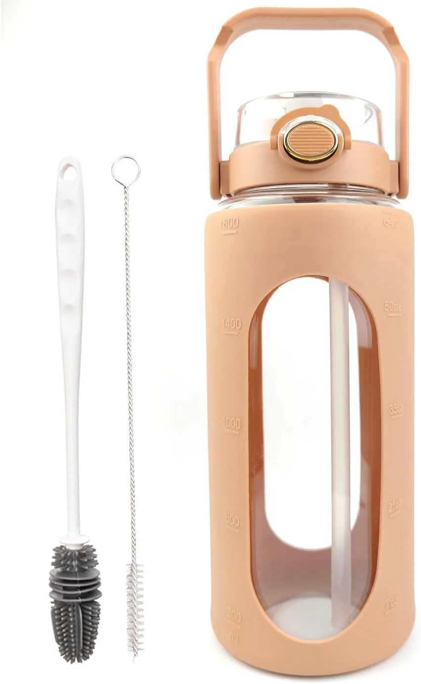 64oz Glass Water Bottle with Straw and Handle Lid Half Gallon Motivational Glass Bottle with Silicone Sleeve Large Leakproof Reusable Sports Water Jug for Gym Home Workout(Light Brown,64oz)