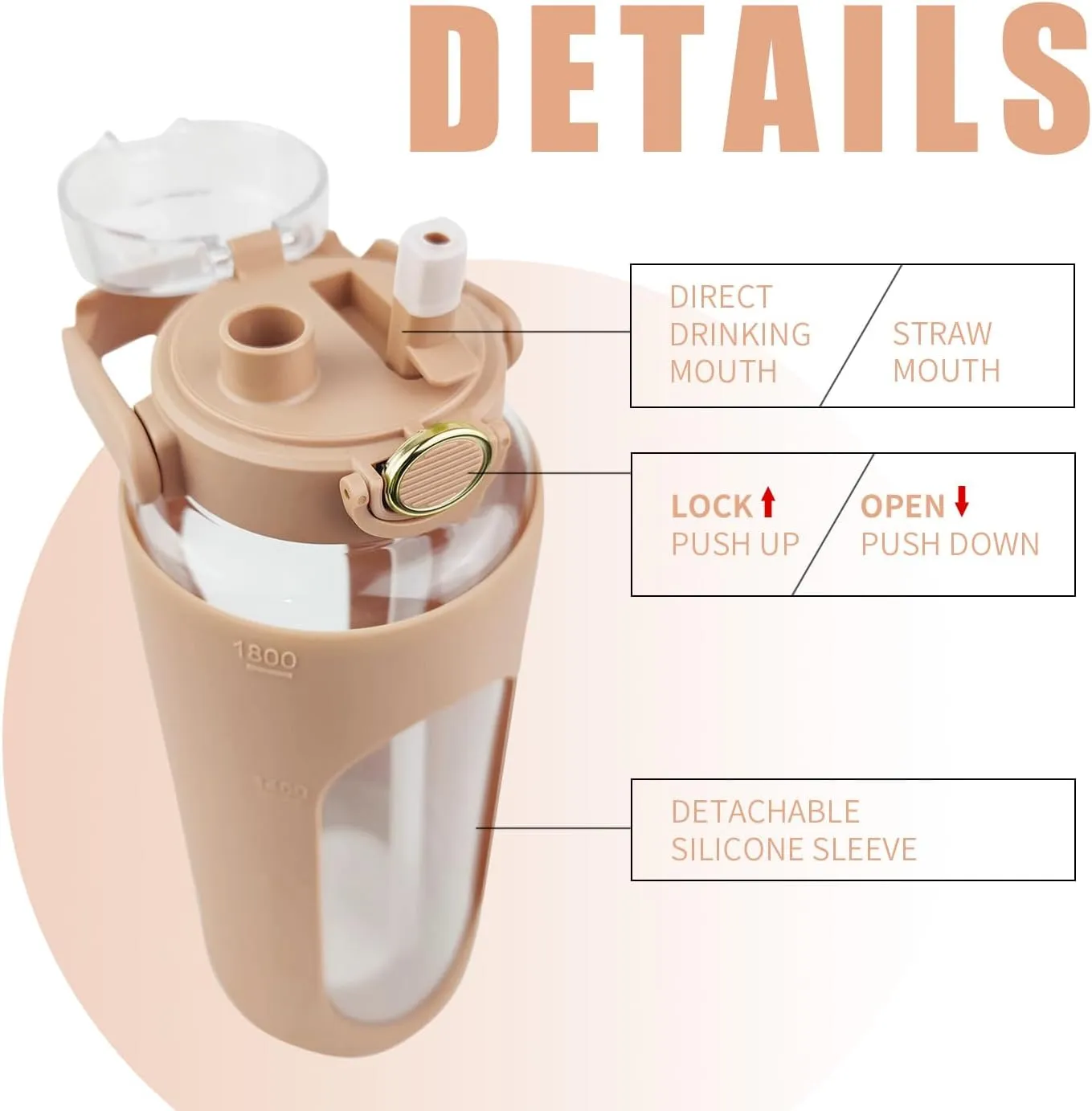 64oz Glass Water Bottle with Straw and Handle Lid Half Gallon Motivational Glass Bottle with Silicone Sleeve Large Leakproof Reusable Sports Water Jug for Gym Home Workout(Light Brown,64oz)