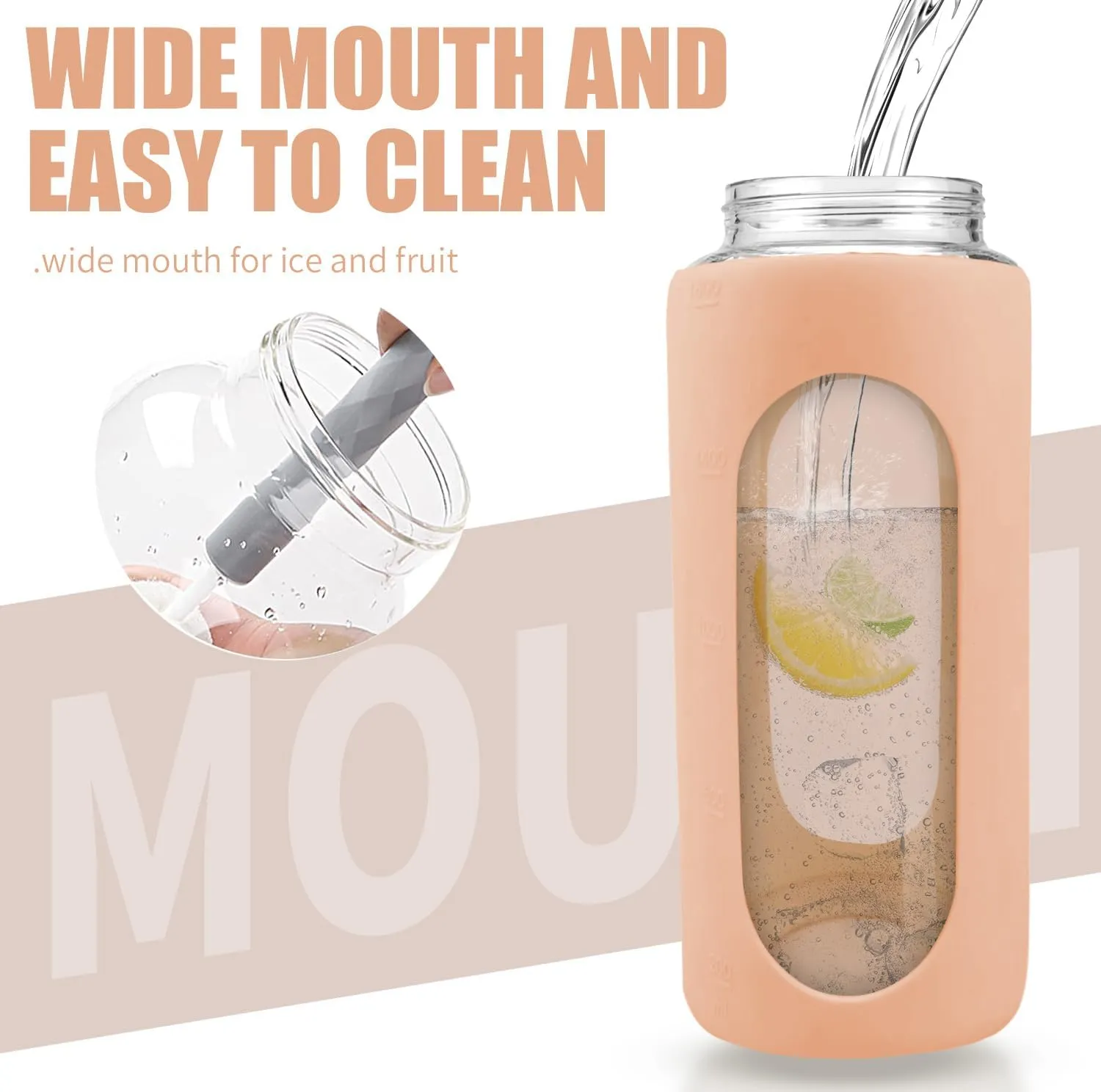 64oz Glass Water Bottle with Straw and Handle Lid Half Gallon Motivational Glass Bottle with Silicone Sleeve Large Leakproof Reusable Sports Water Jug for Gym Home Workout(Light Brown,64oz)