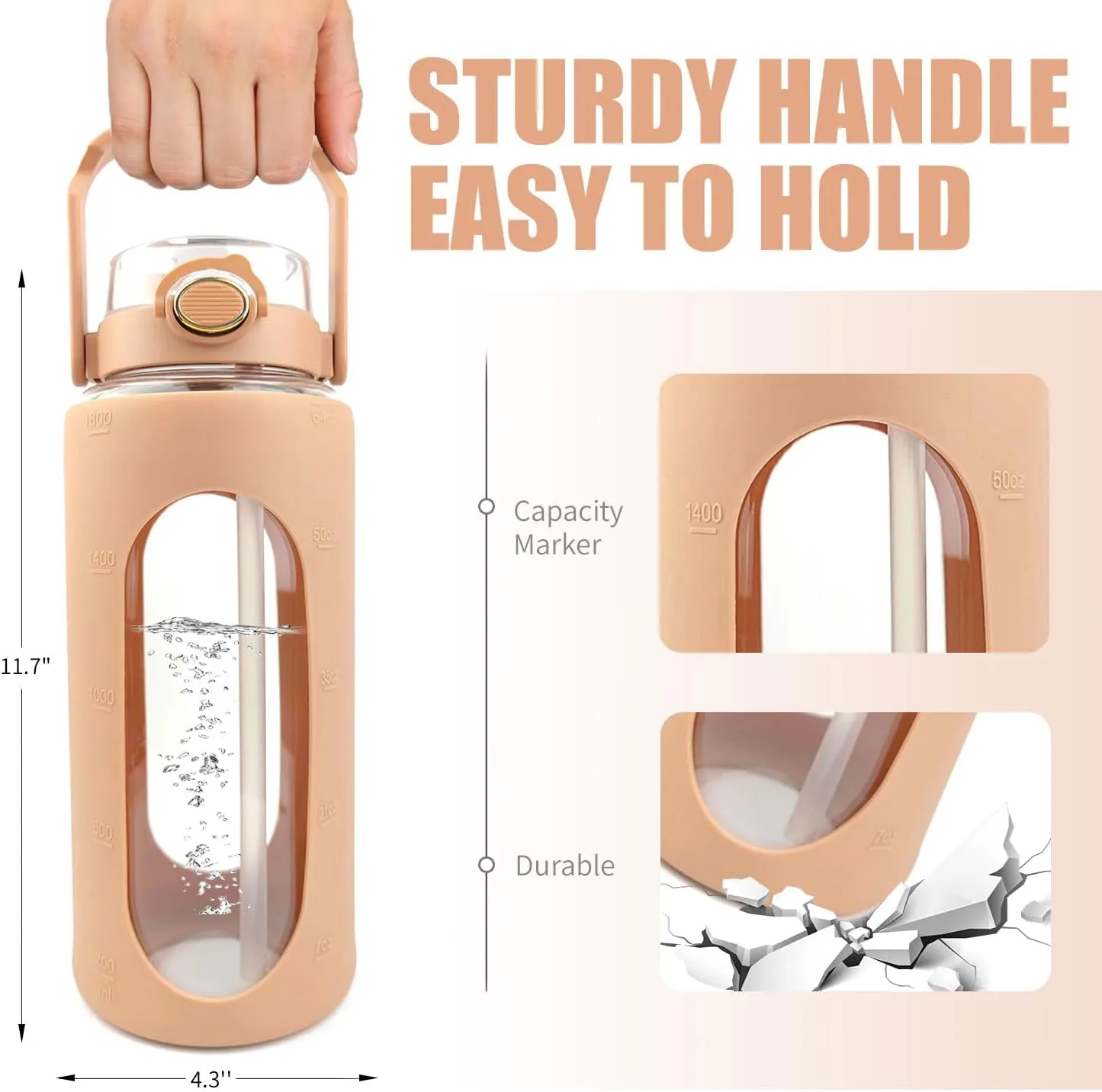 64oz Glass Water Bottle with Straw and Handle Lid Half Gallon Motivational Glass Bottle with Silicone Sleeve Large Leakproof Reusable Sports Water Jug for Gym Home Workout(Light Brown,64oz)