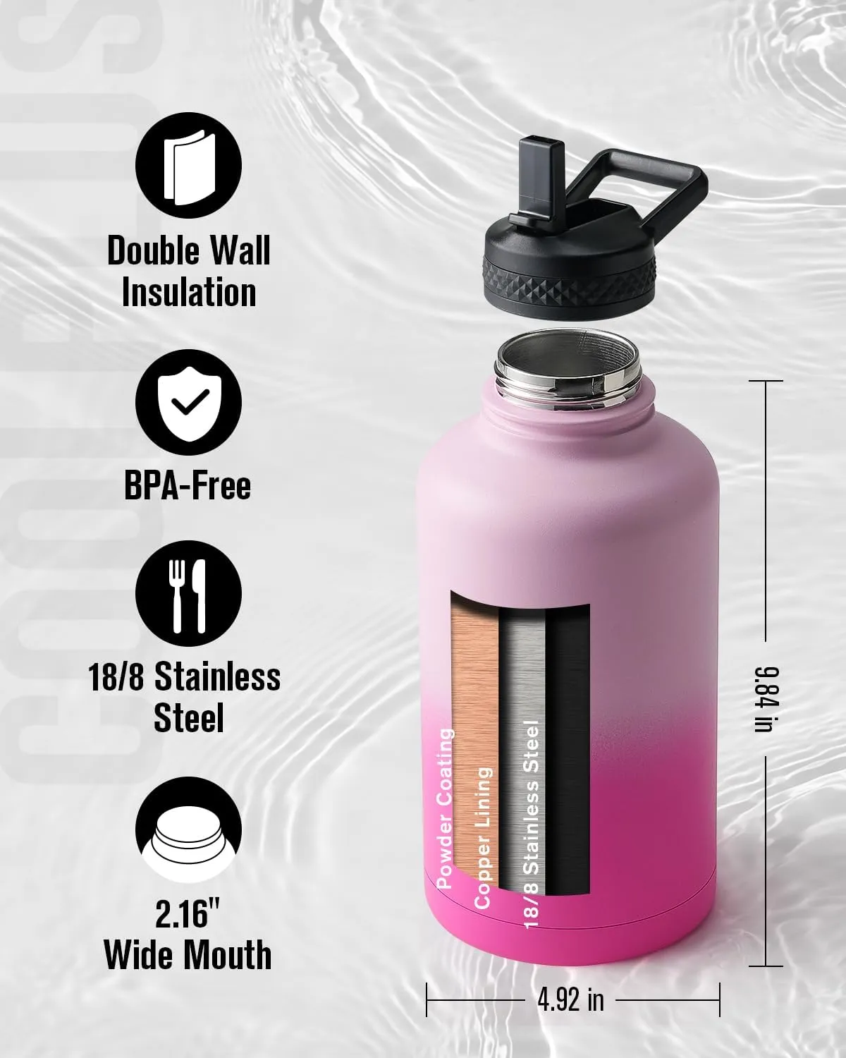 64oz Insulated Water Bottle, Coolplus Half Gallon Water Jug With Straw Stainless Steel Double-Walled Vacuum Metal Large Flask With Carry Sleeve Bpa-Free Leakproof, Keep Cold 48 Hrs, Pink